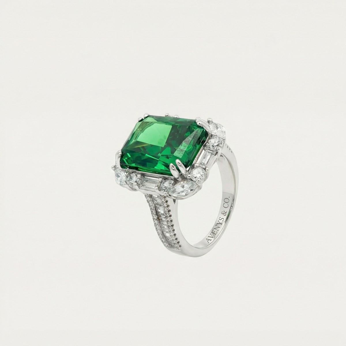 Eden Frame Ring with Green Radiant Stone – on White Gold