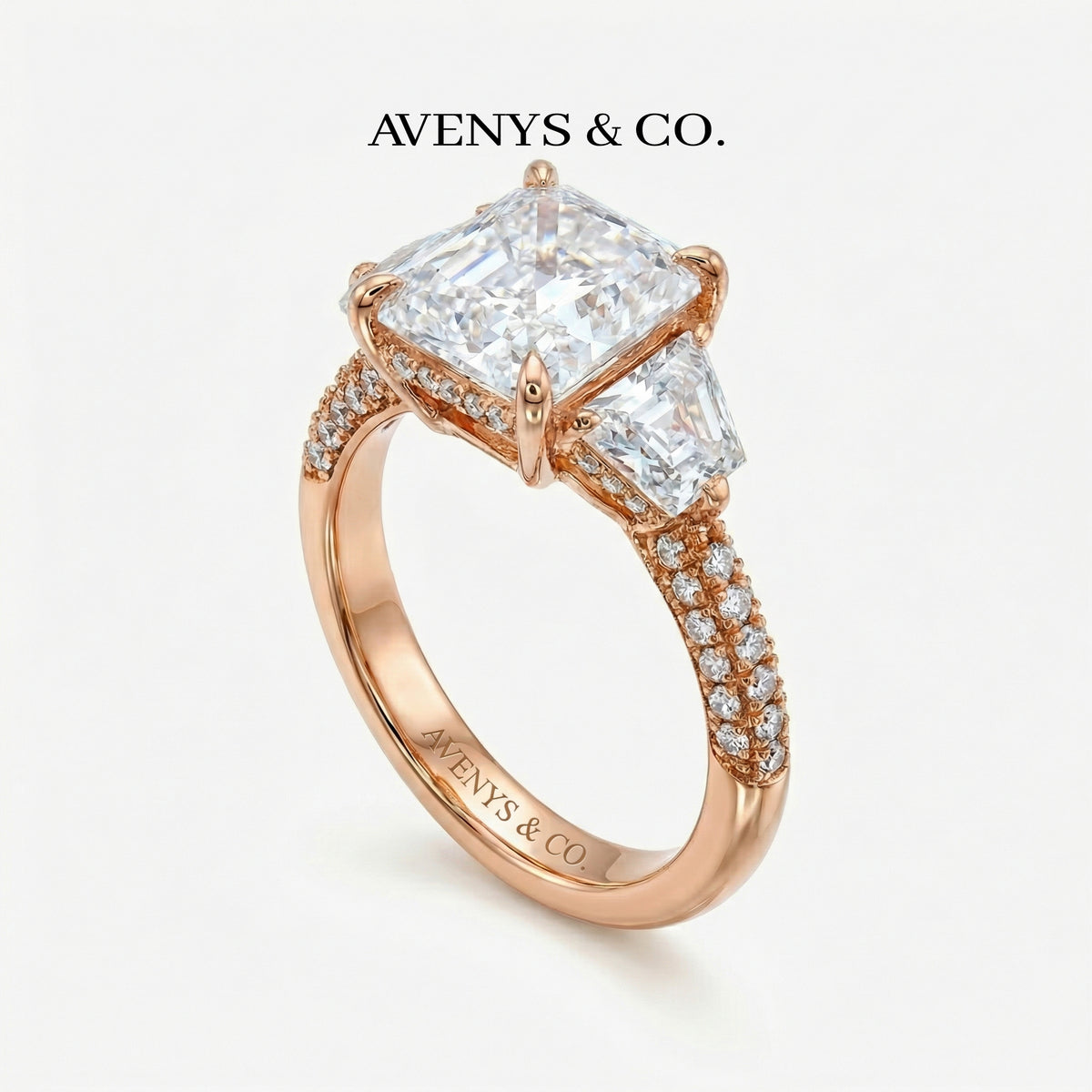 Trilogy Pave Ring with White Emerald Stone – on Rose Gold
