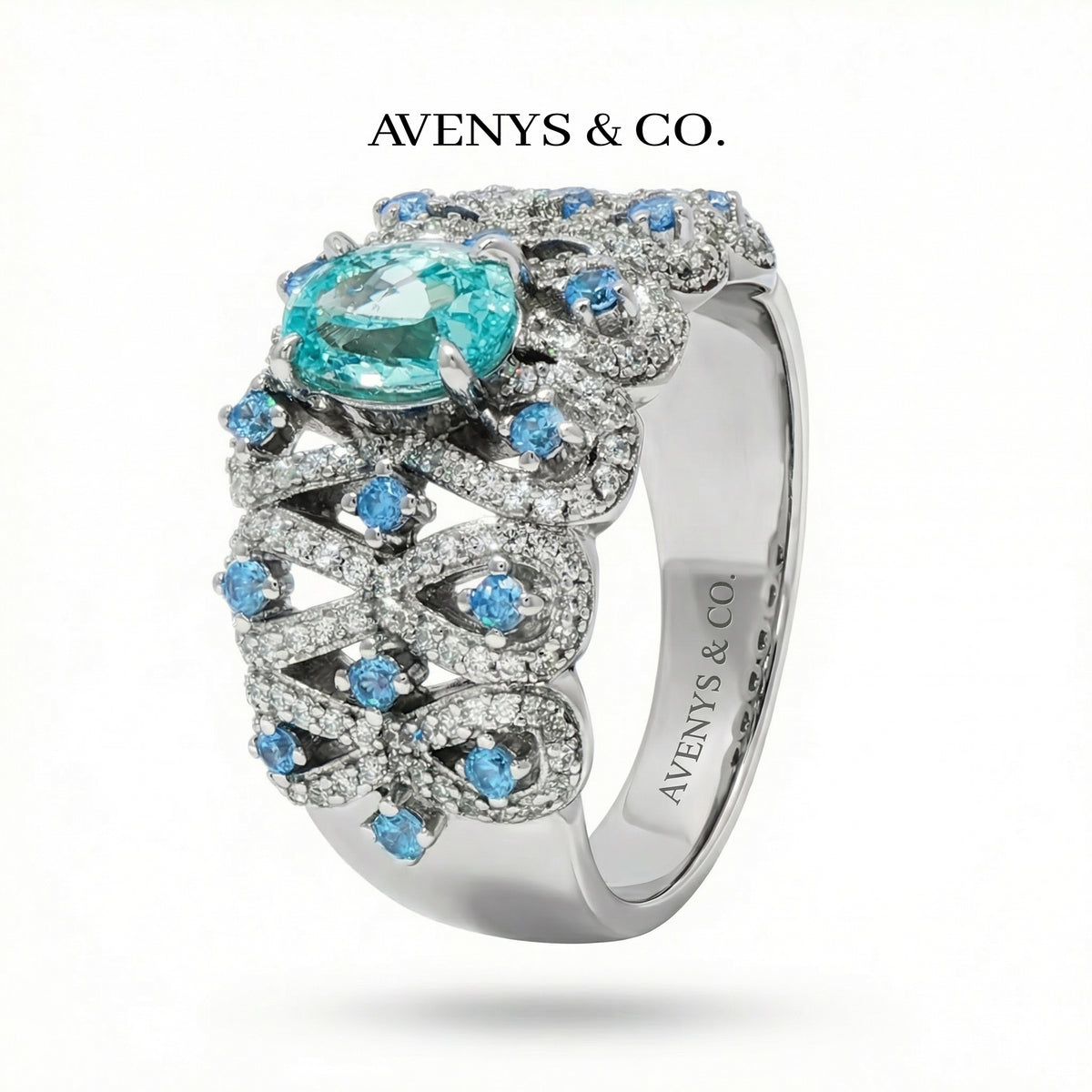 Floral Garden Ring with Aquamarine Oval Stone – on White Gold