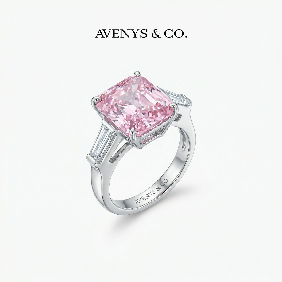 Radiant Trilogy Ring with Pink Radiant Stone – on White Gold