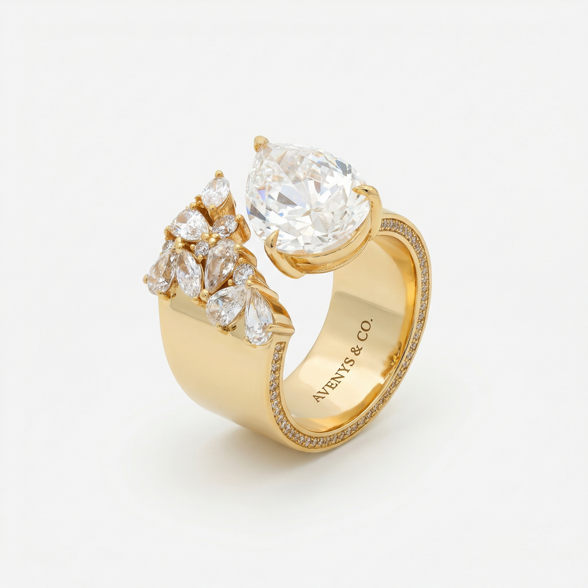 Valence Wide Cuff Ring with White Pear Stone – on Yellow Gold