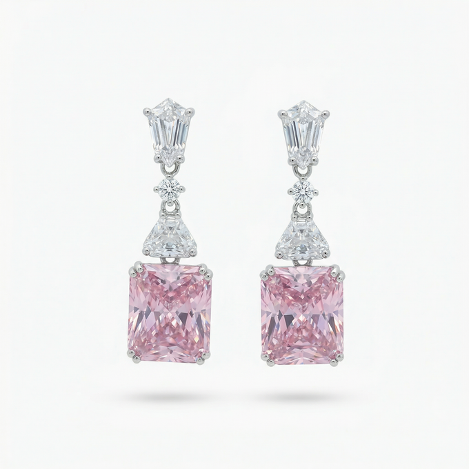 Radiant Drop Earrings with Pink Radiant Stone – on White Gold