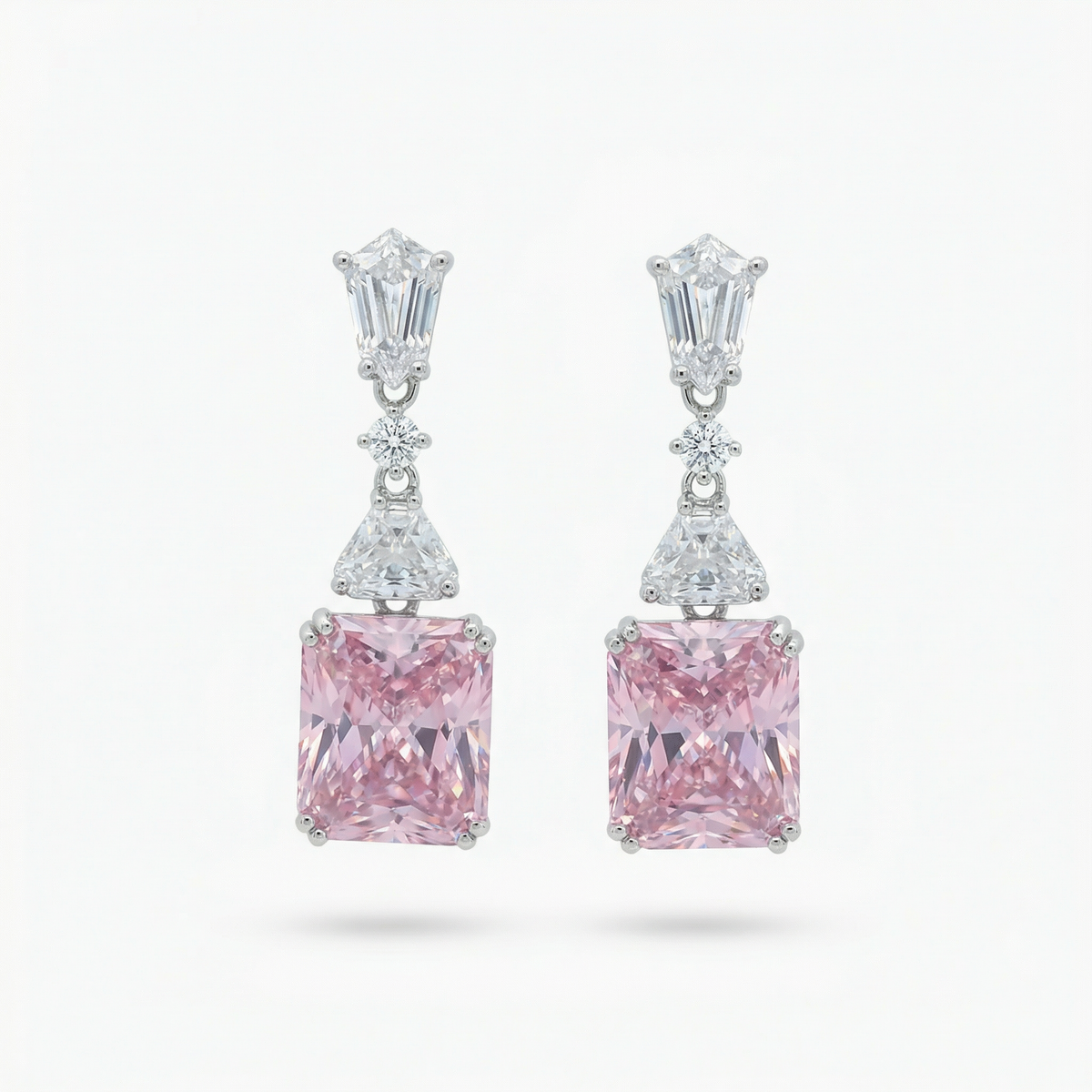 Radiant Drop Earrings with Pink Radiant Stone – on White Gold