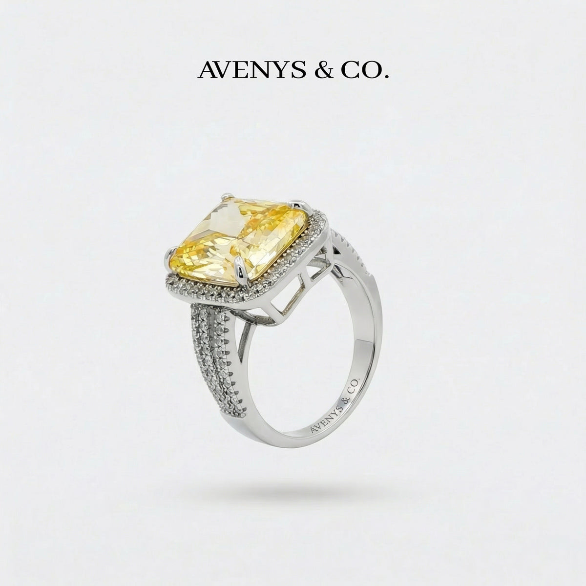 Triple Shank Radiant Ring with Yellow Radiant Stone – on White Gold
