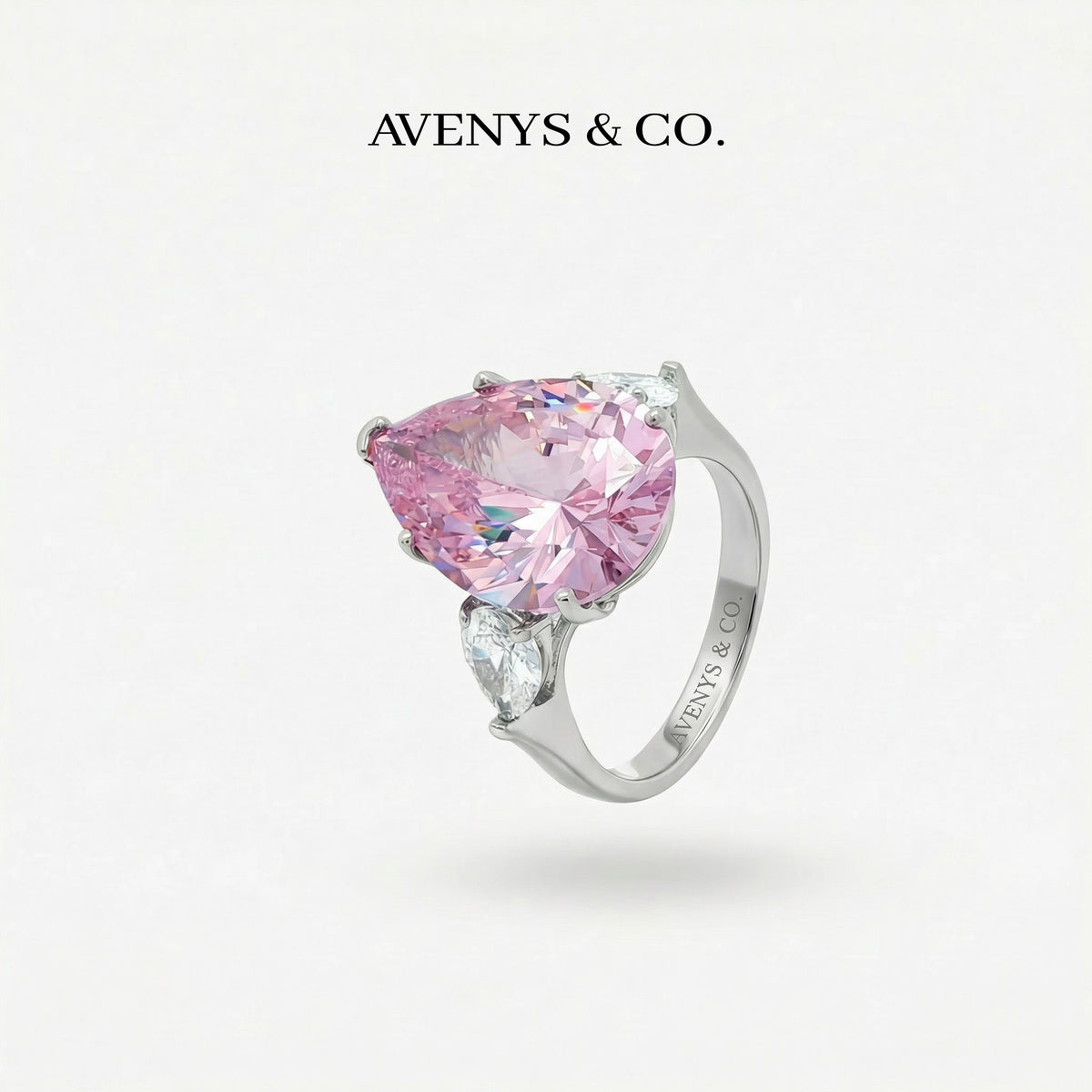 Pear Trilogy Ring with Pink Pear Stone – on White Gold