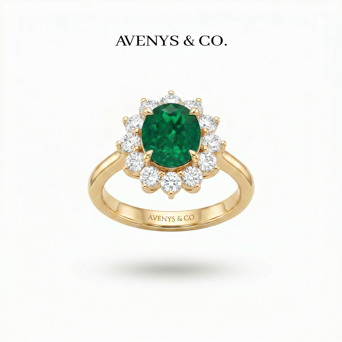 Classic Halo Ring with Green Oval Stone – on Yellow Gold