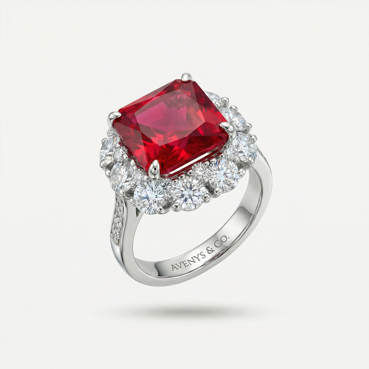 Princess Halo Ring with Red Princess Stone – on White Gold