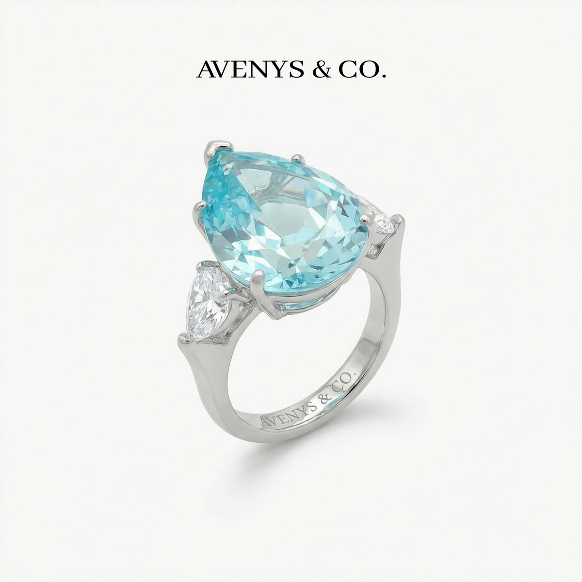 Pear Trilogy Ring with Aquamarine Pear Stone – on White Gold