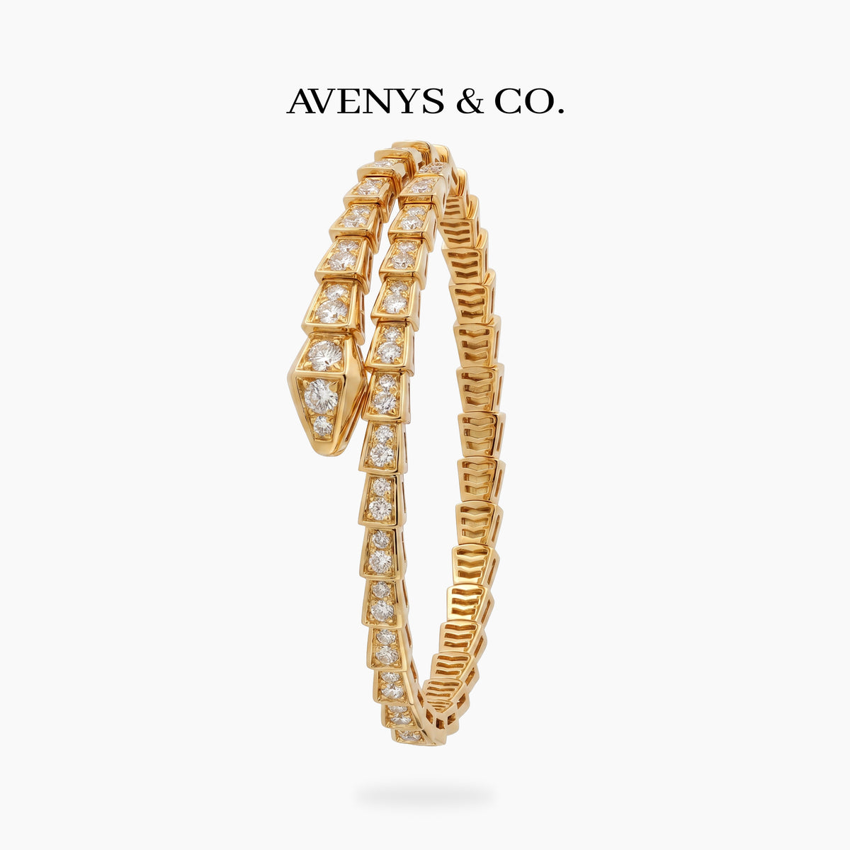Coil Full Pave Bangle with White Round Stone – on Yellow Gold