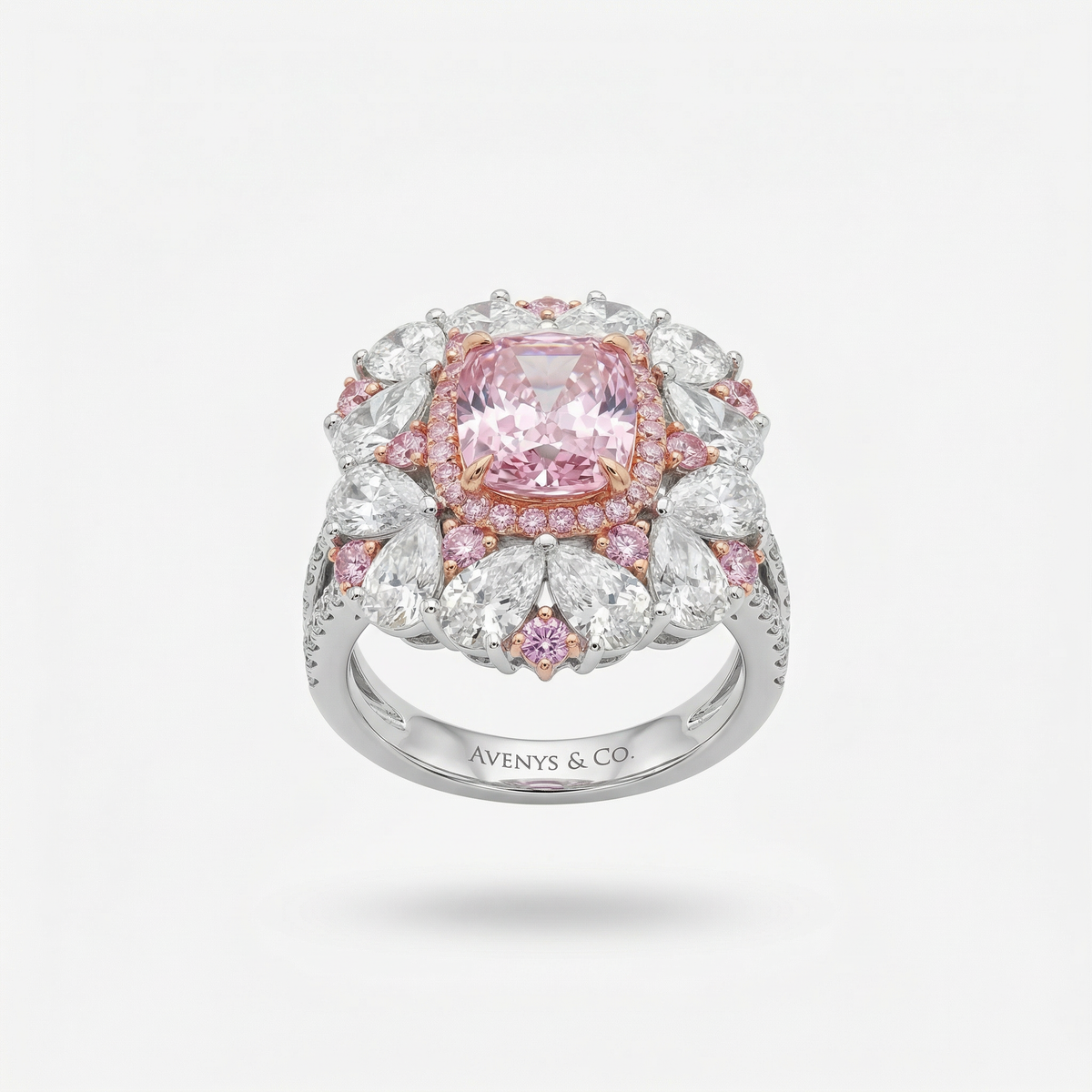 Royal Flower Halo Ring with Pink Cushion Stone – on White Gold