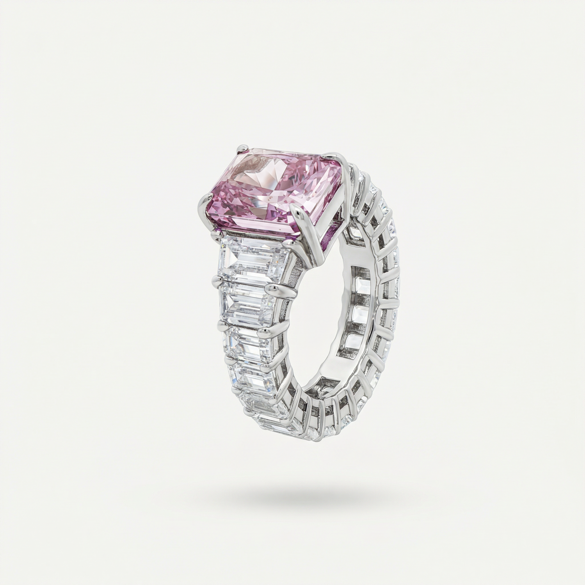 Princess Eternity Ring with Pink Radiant Stone – on White Gold