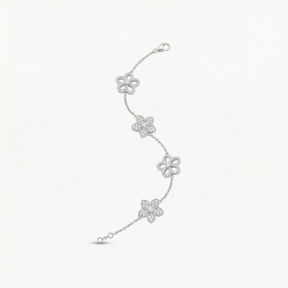 Flower Motif Chain Bracelet with White Round Stone – on White Gold