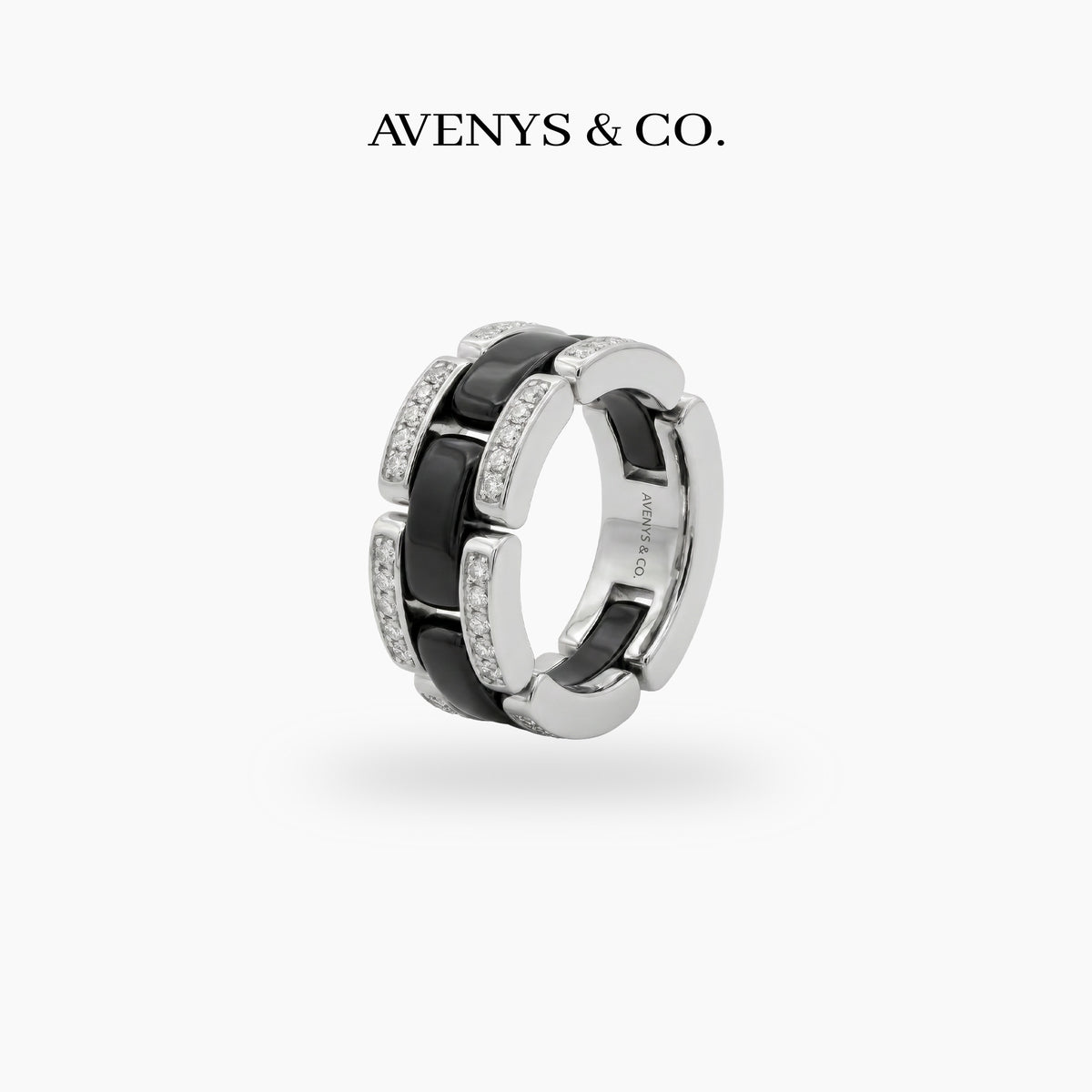 Connected Ring with Black Round Stone – on White Gold