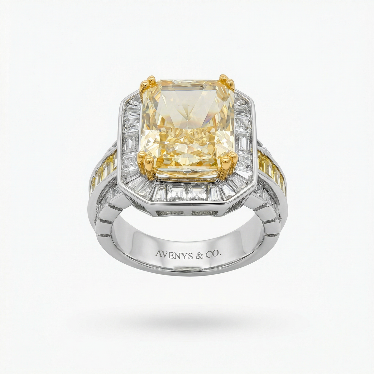Radiant Halo Pave Ring with Yellow Round Stone – on White Gold