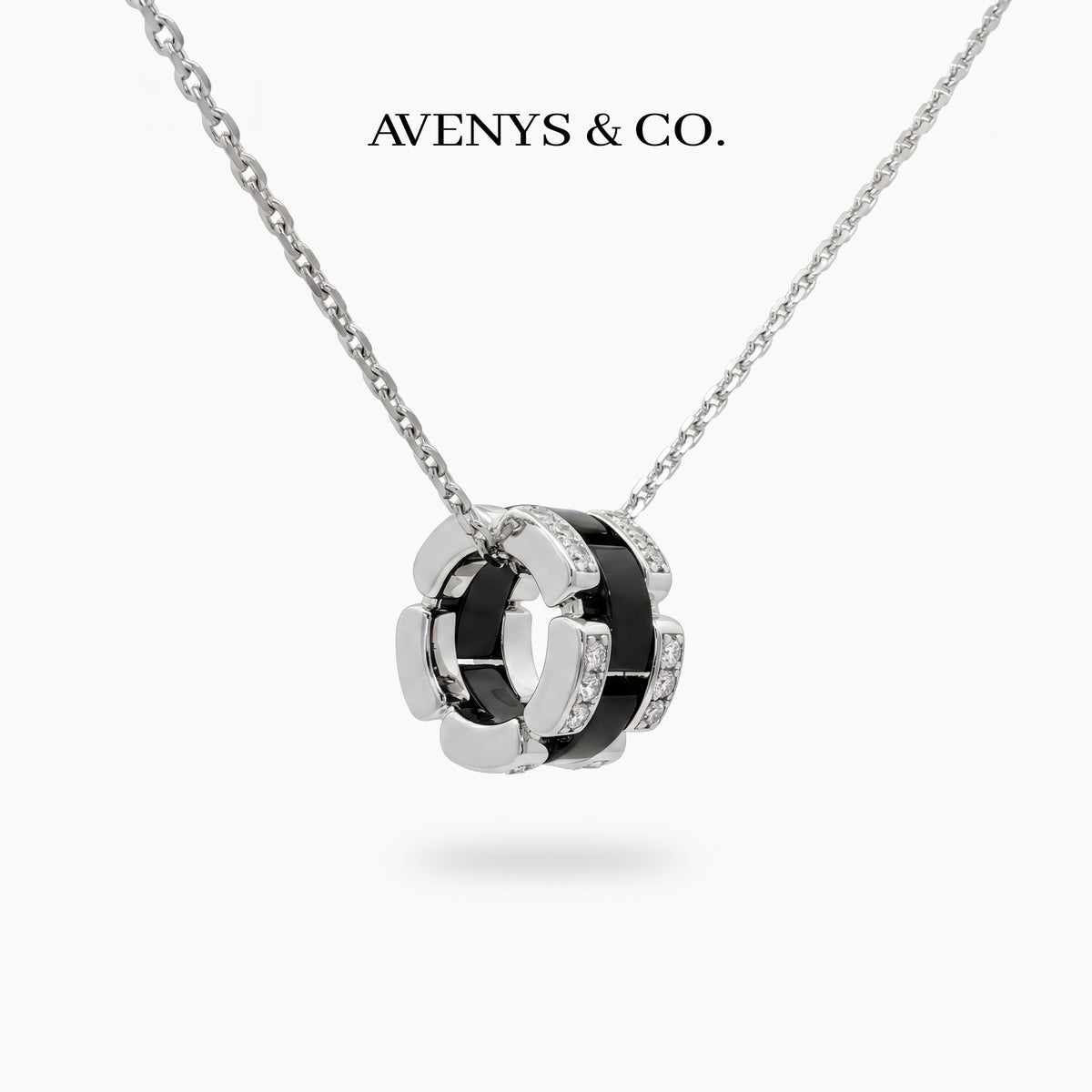 Connected Necklace with Black Round Stone – on White Gold