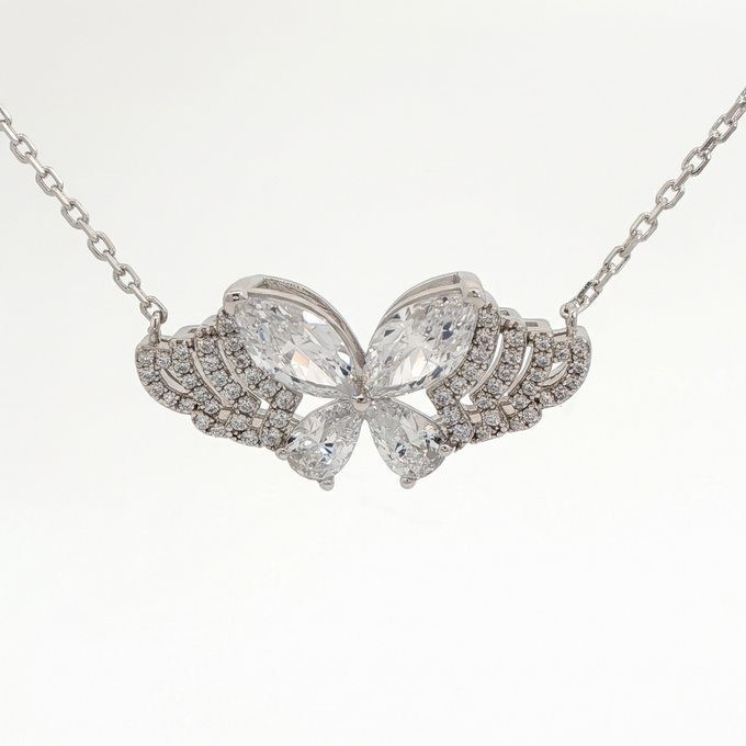 White Gold Plated Silver Butterfly Charm Necklace with Pear Cut Diamonds