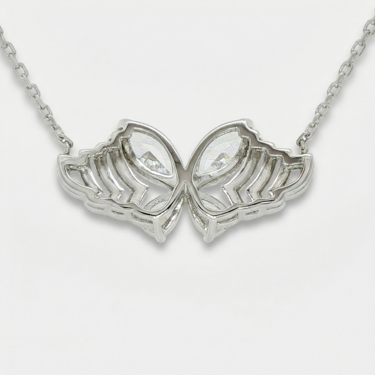 White Gold Plated Silver Butterfly Charm Necklace with Pear Cut Diamonds