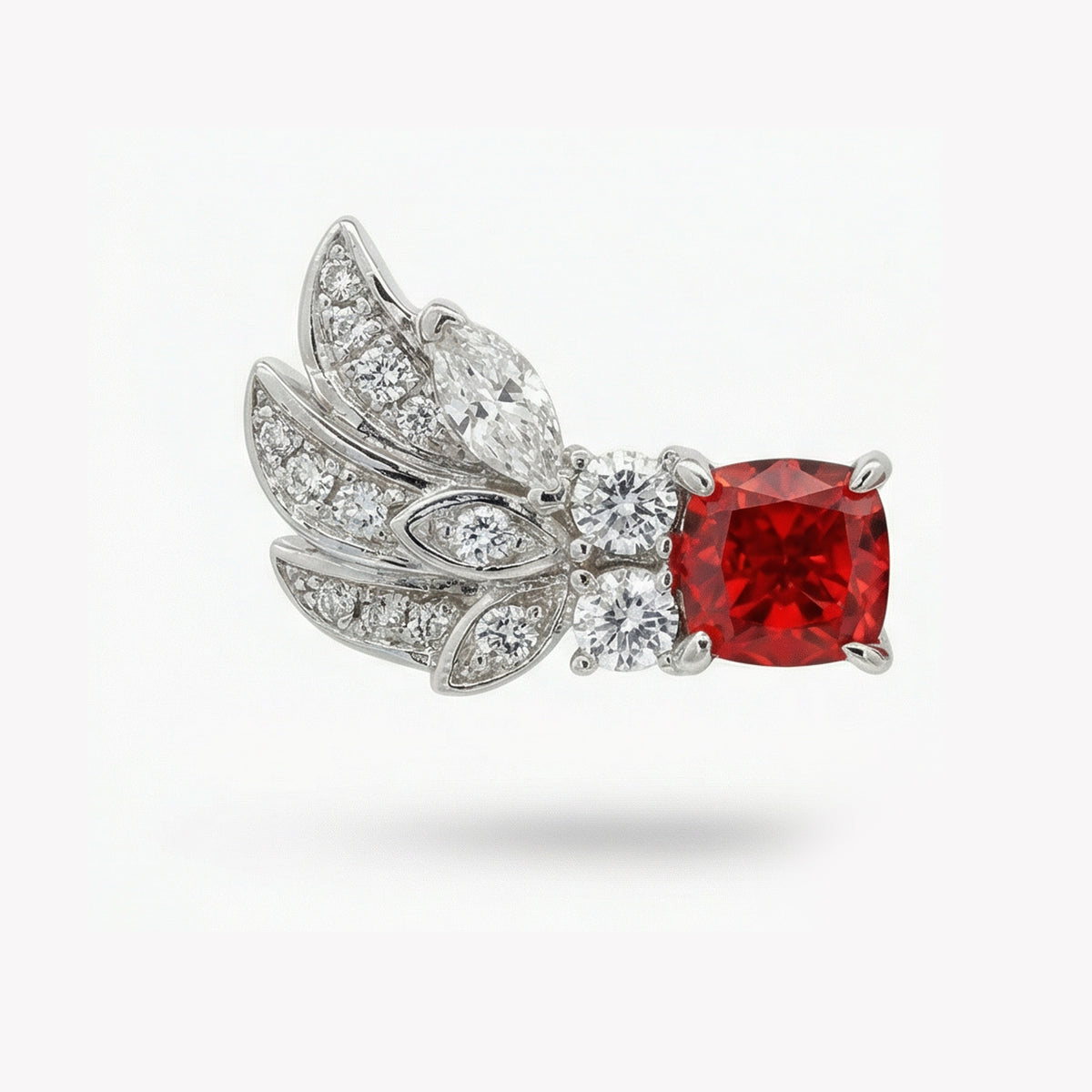 Red Wings Earrings with Red Cushion Stone – on White Gold