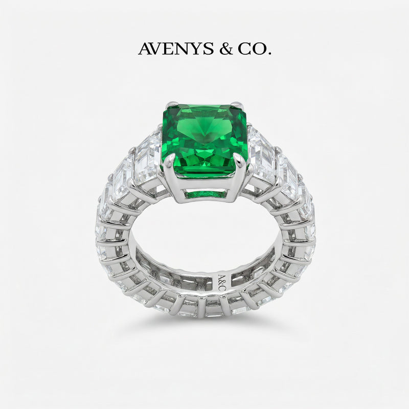 Princess Eternity Ring with Green Radiant Stone – on White Gold