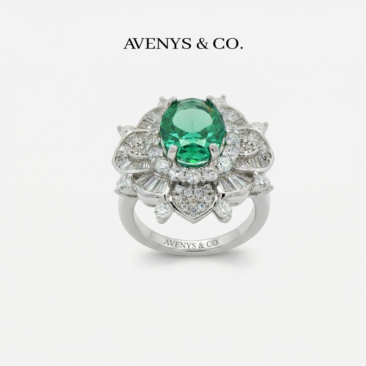 Bloom Burst Ring with Green Oval Stone – on White Gold