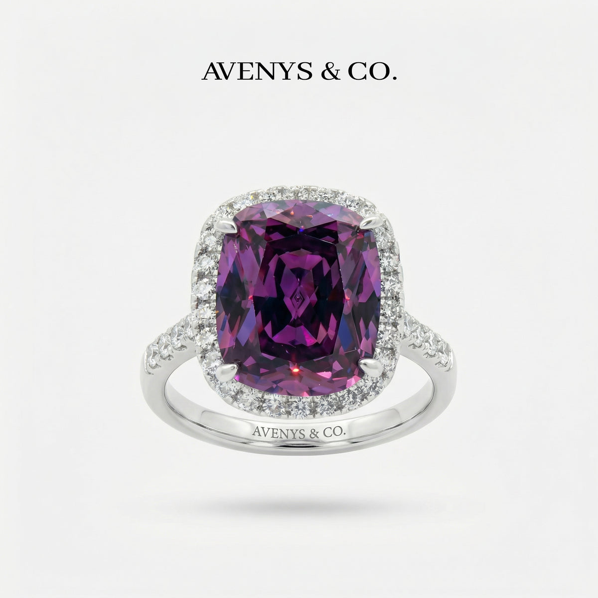 Amethyst Halo Ring with Purple Cushion Stone – on White Gold
