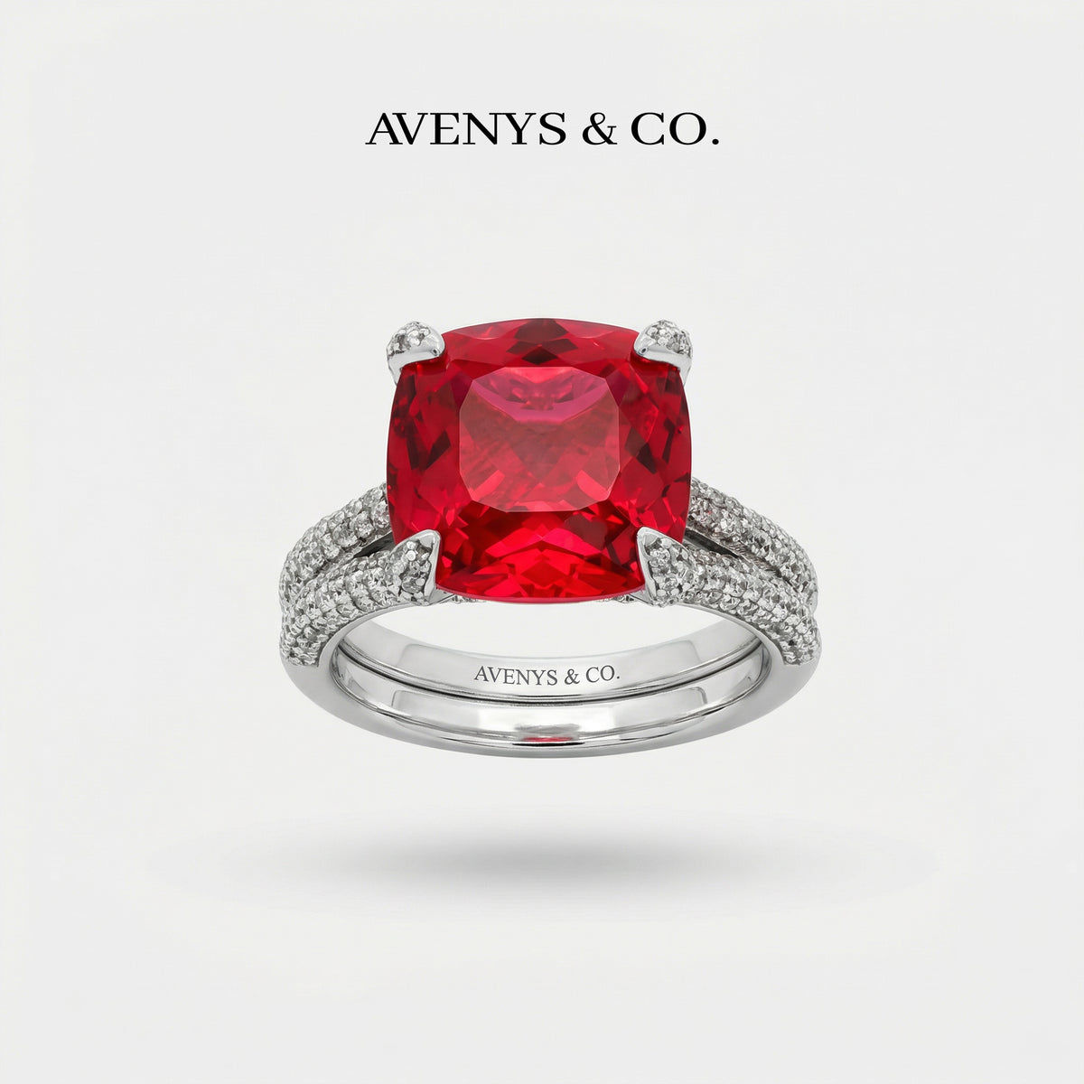 Double Shank Cocktail Ring with Red Cushion Garnet – on White Gold