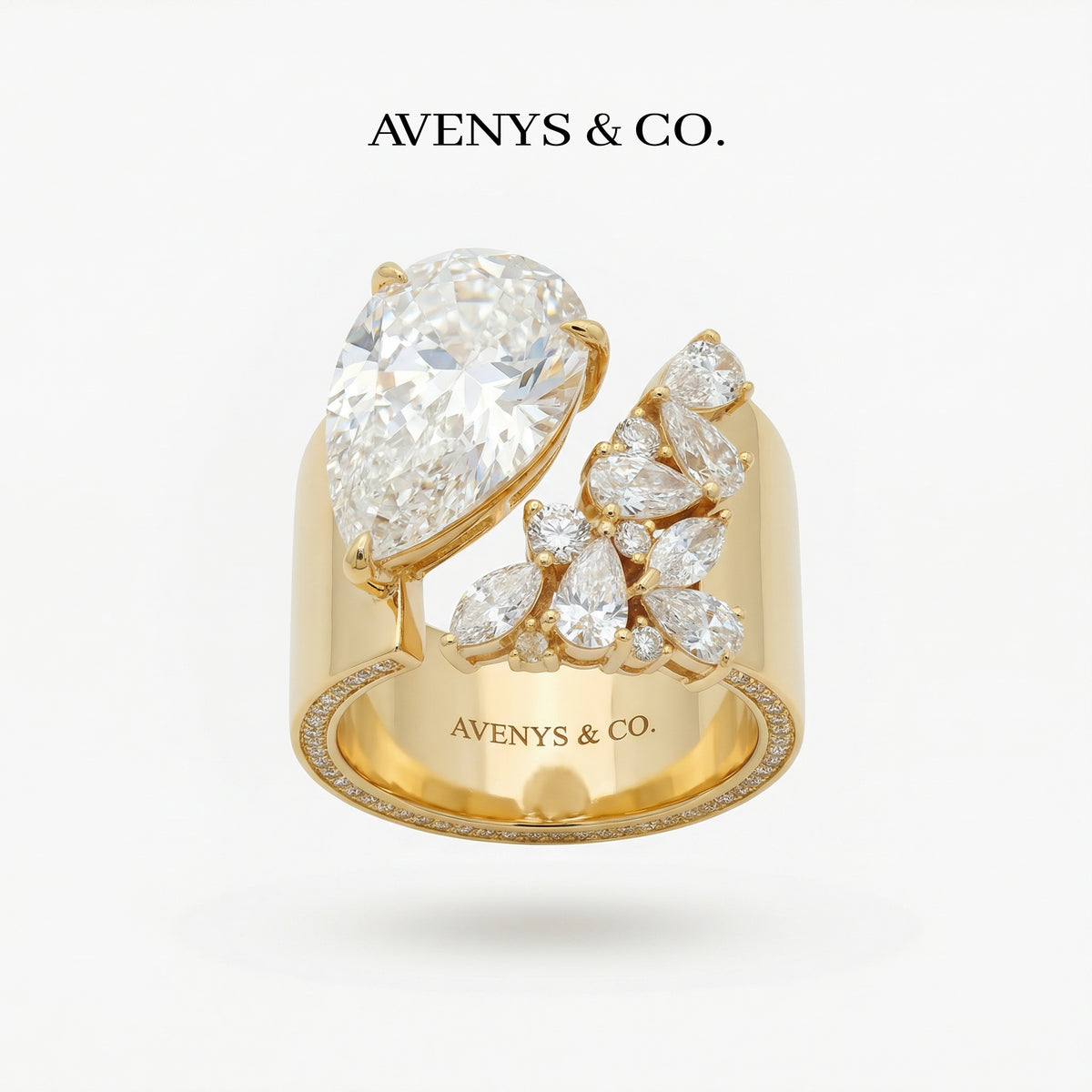 Valence Wide Cuff Ring with White Pear Stone – on Yellow Gold