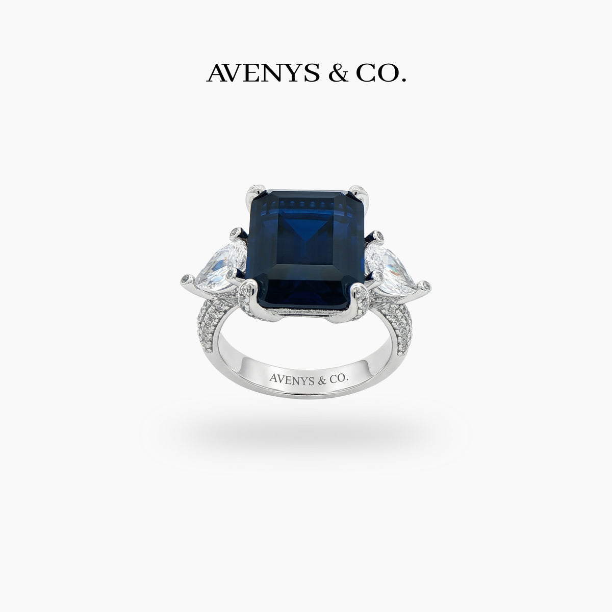 Emerald Pear Trilogy Ring with Blue Emerald Stone – on White Gold