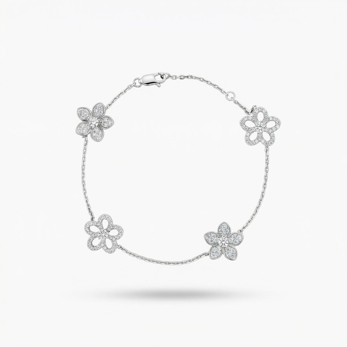 Flower Motif Chain Bracelet with White Round Stone – on White Gold