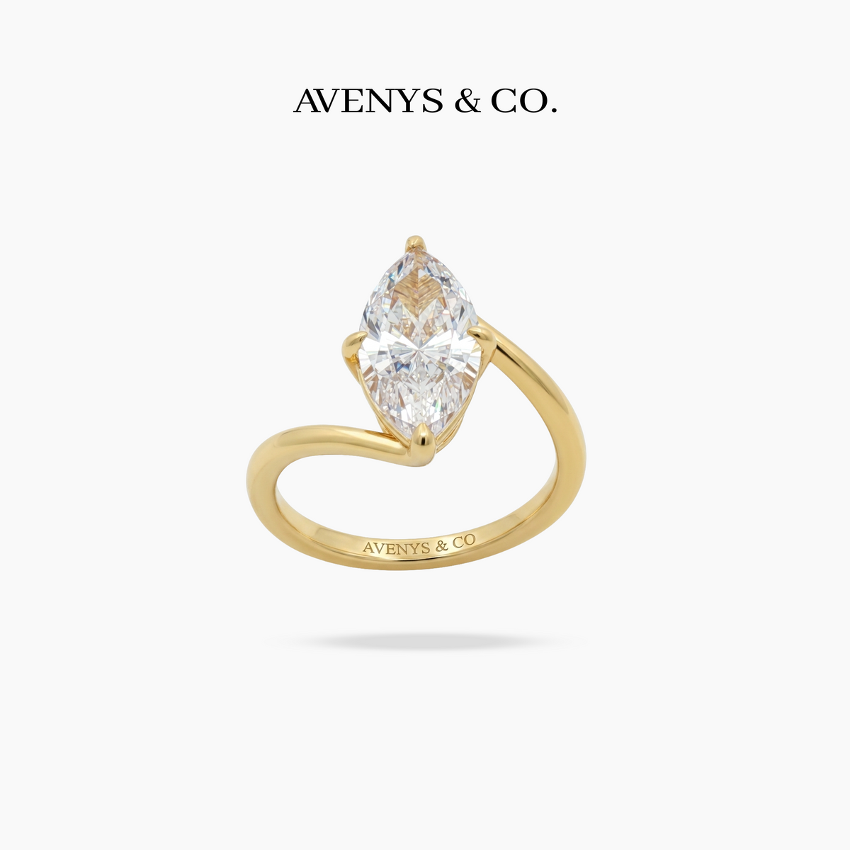 Bypass Marquise Ring with White Marquise Stone – on Yellow Gold