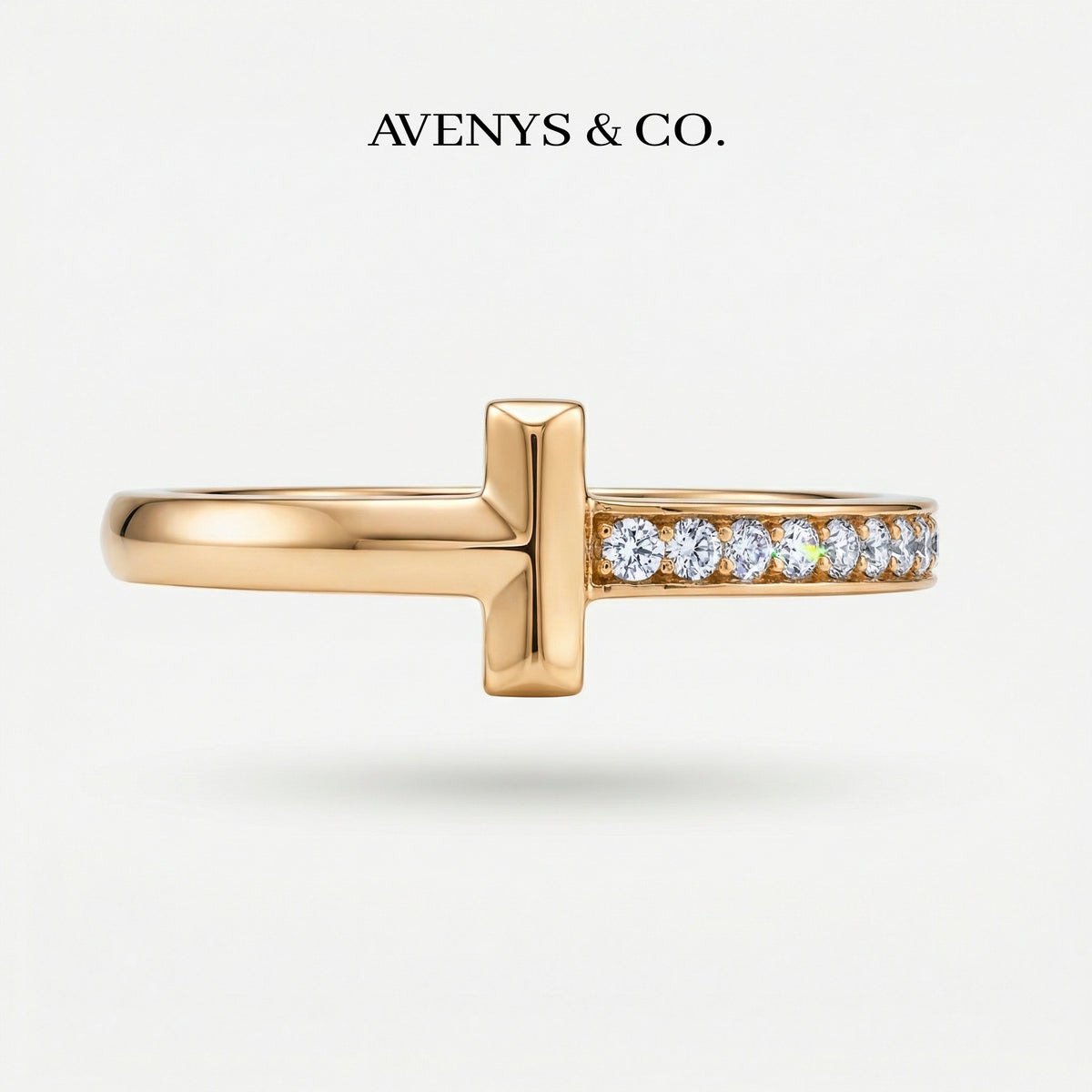 T Half Pave Ring with White Round Stone – on Yellow Gold