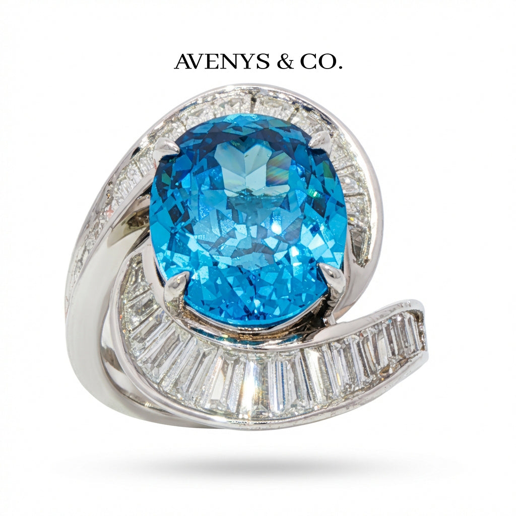 Eclipse Ring with Blue Oval Stone – on White Gold