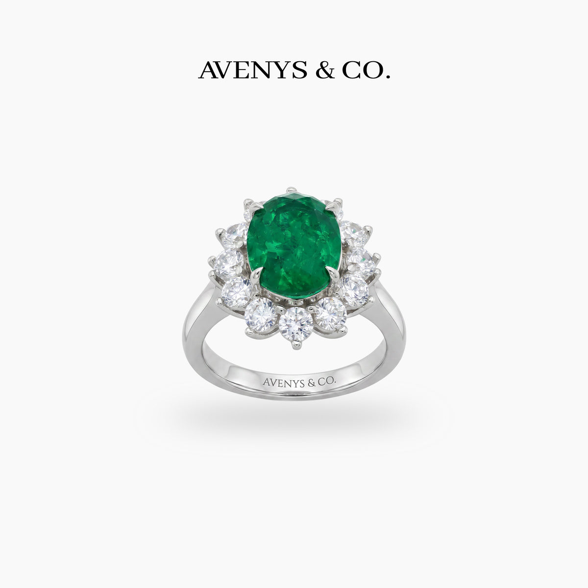 Classic Halo Ring with Green Oval Stone – on White Gold