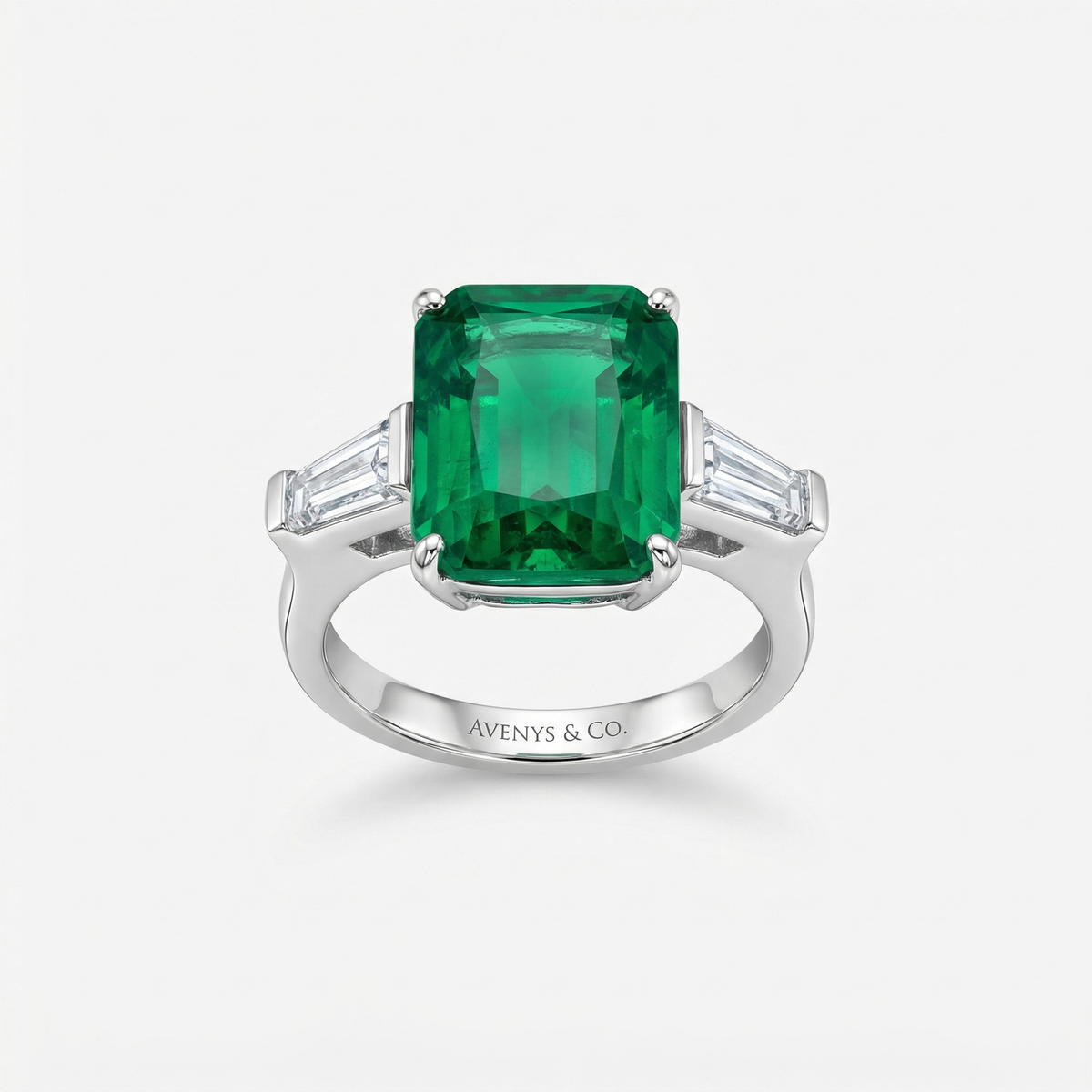 Radiant Trilogy Ring with Green Radiant Stone – on White Gold