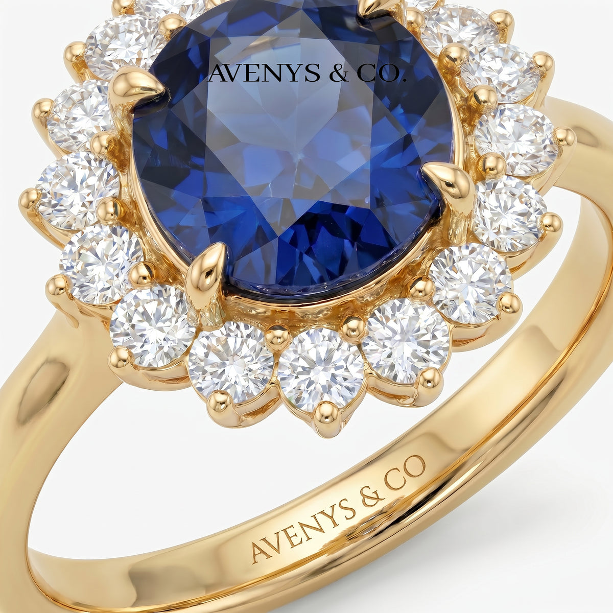 Classic Halo Ring with Blue Oval Stone – on Yellow Gold
