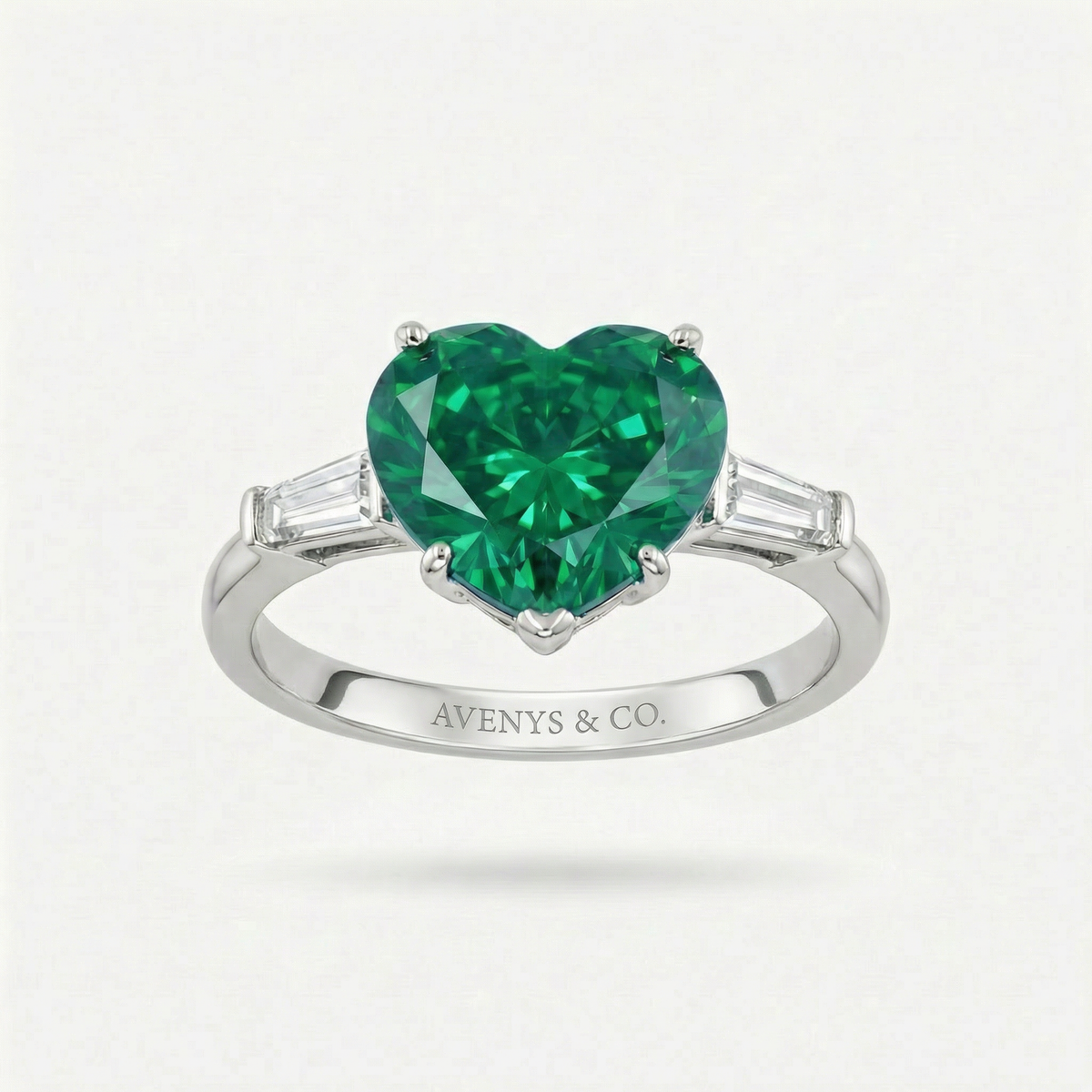Love Heart Trilogy with Green Heart Stone – on White Gold