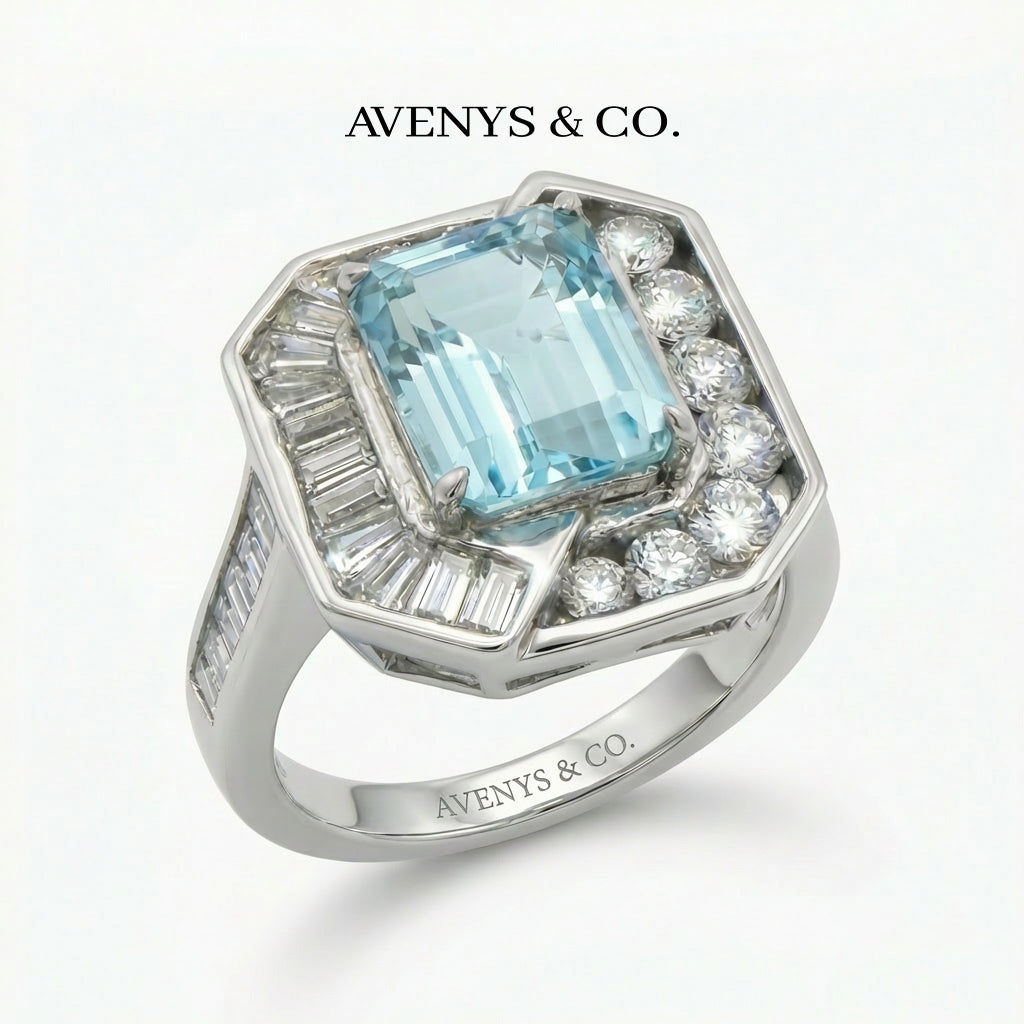 Emerald Frame Ring with Aquamarine Emerald Stone – on White Gold