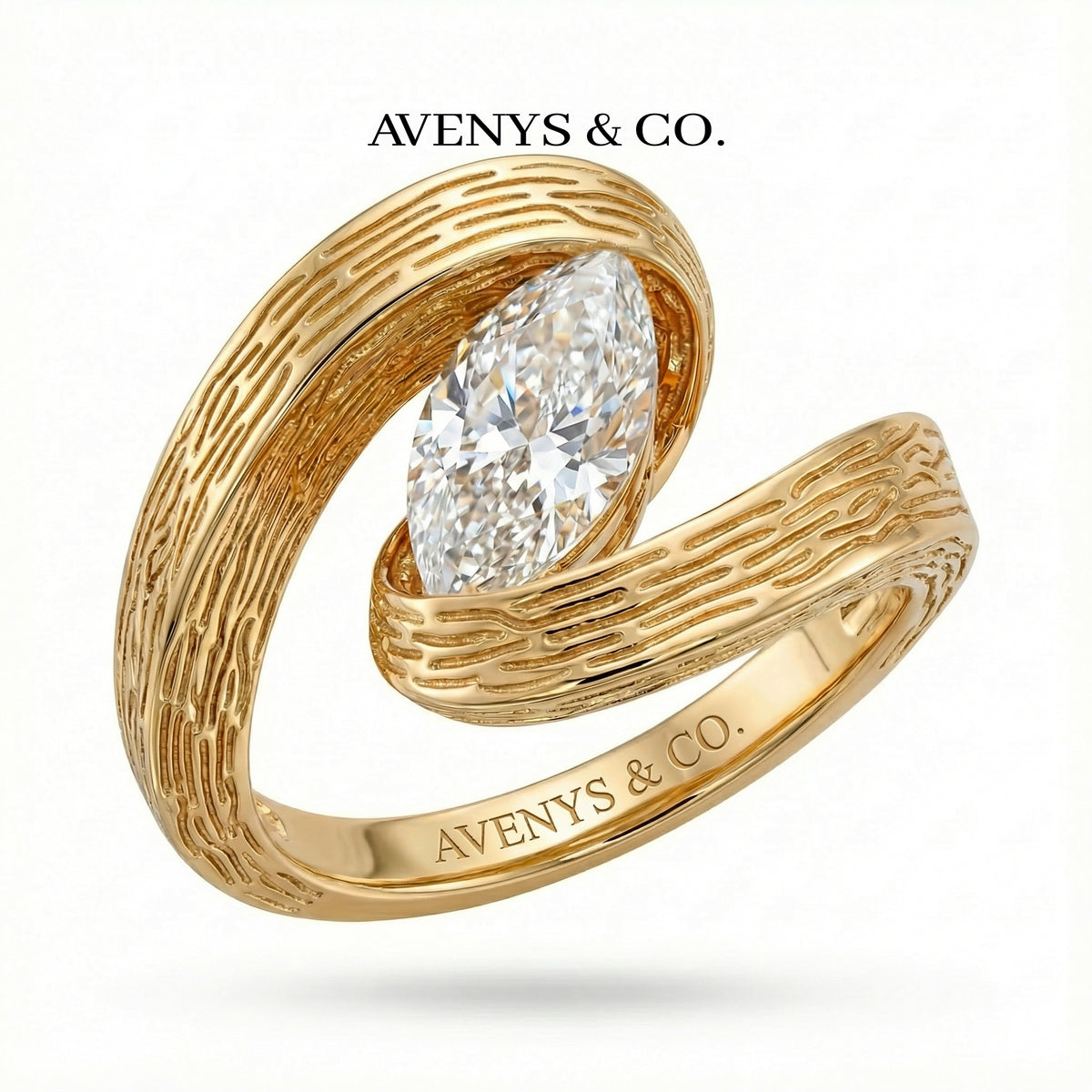 Bypass Terra Ring with White Marquise Stone – on Yellow Gold
