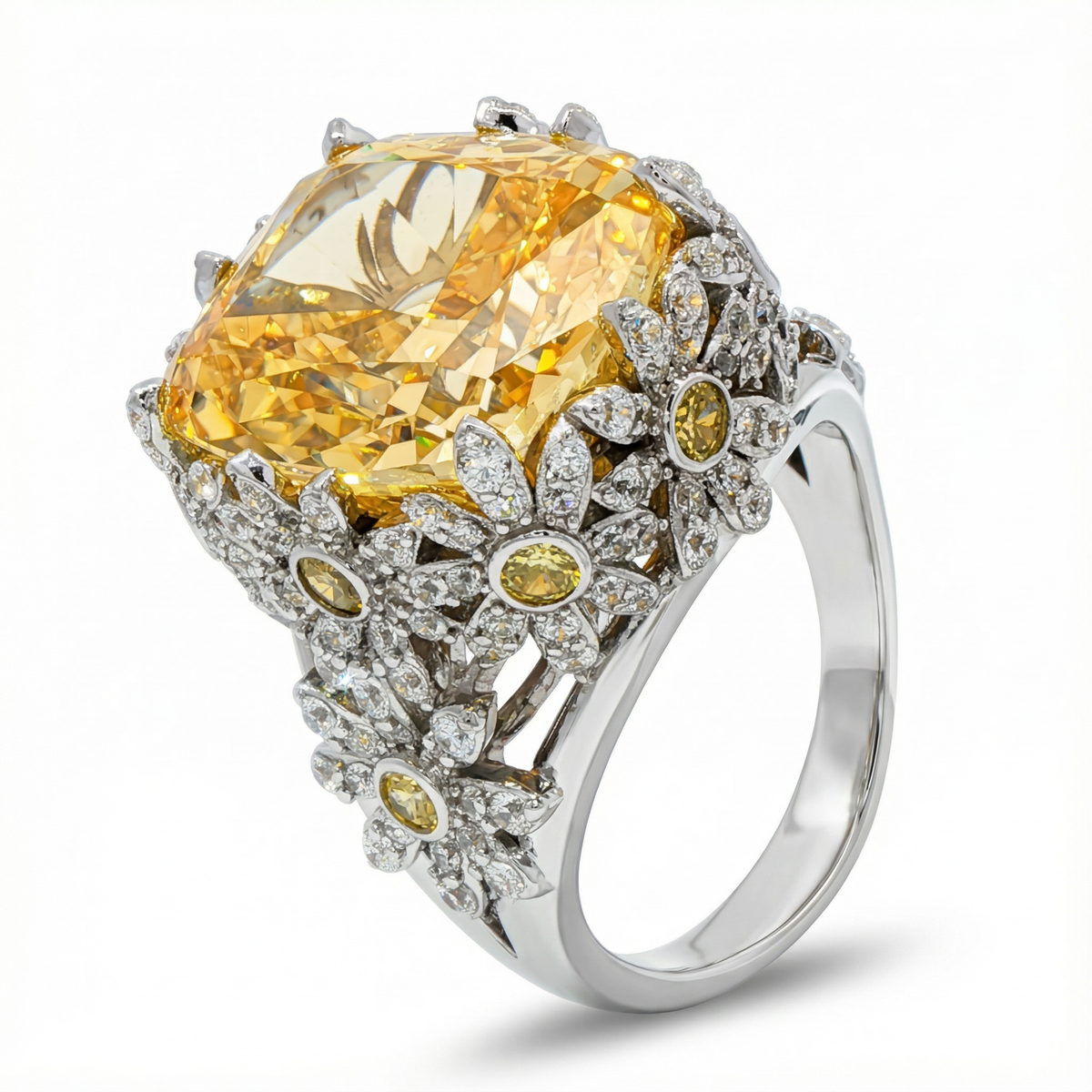 Crown Ring with Yellow Cushion Stone – on White Gold