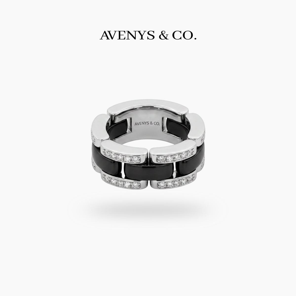 Connected Ring with Black Round Stone – on White Gold