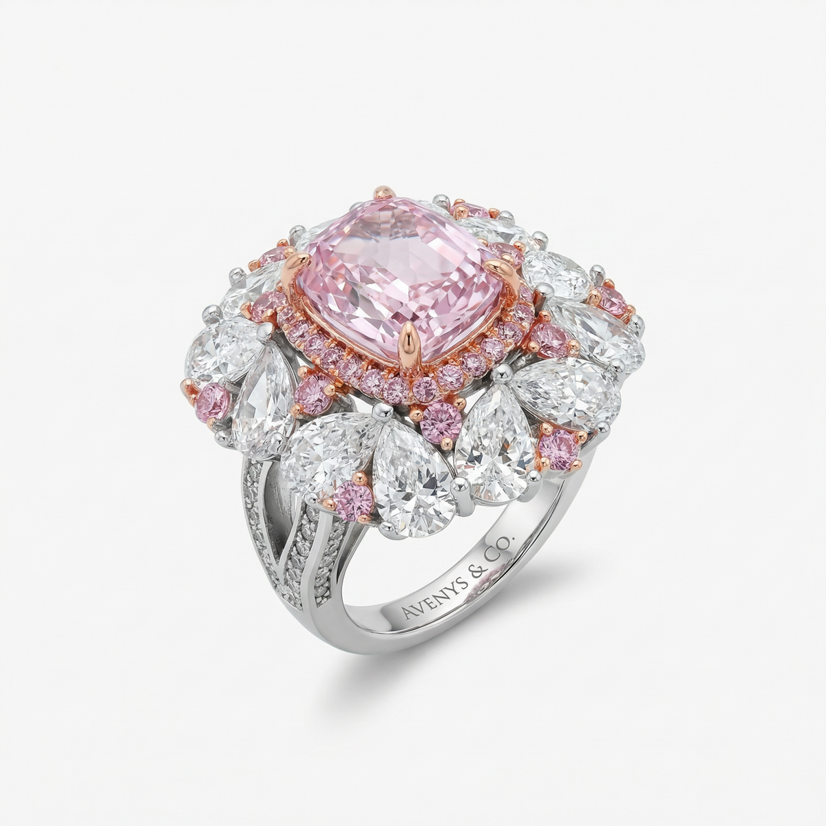 Royal Flower Halo Ring with Pink Cushion Stone – on White Gold