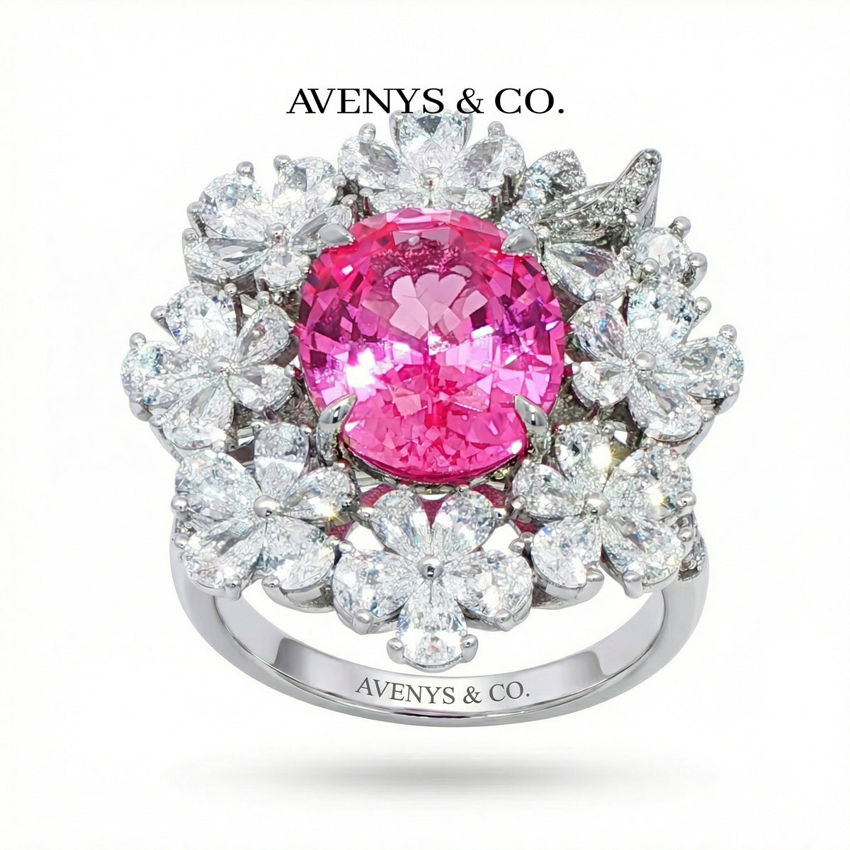 Flower Halo Ring with Pink Oval Stone – on White Gold
