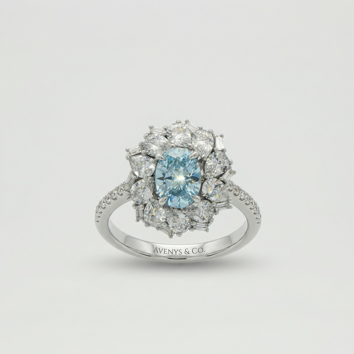 Bloom Halo Ring with Blue Oval Stone – on White Gold