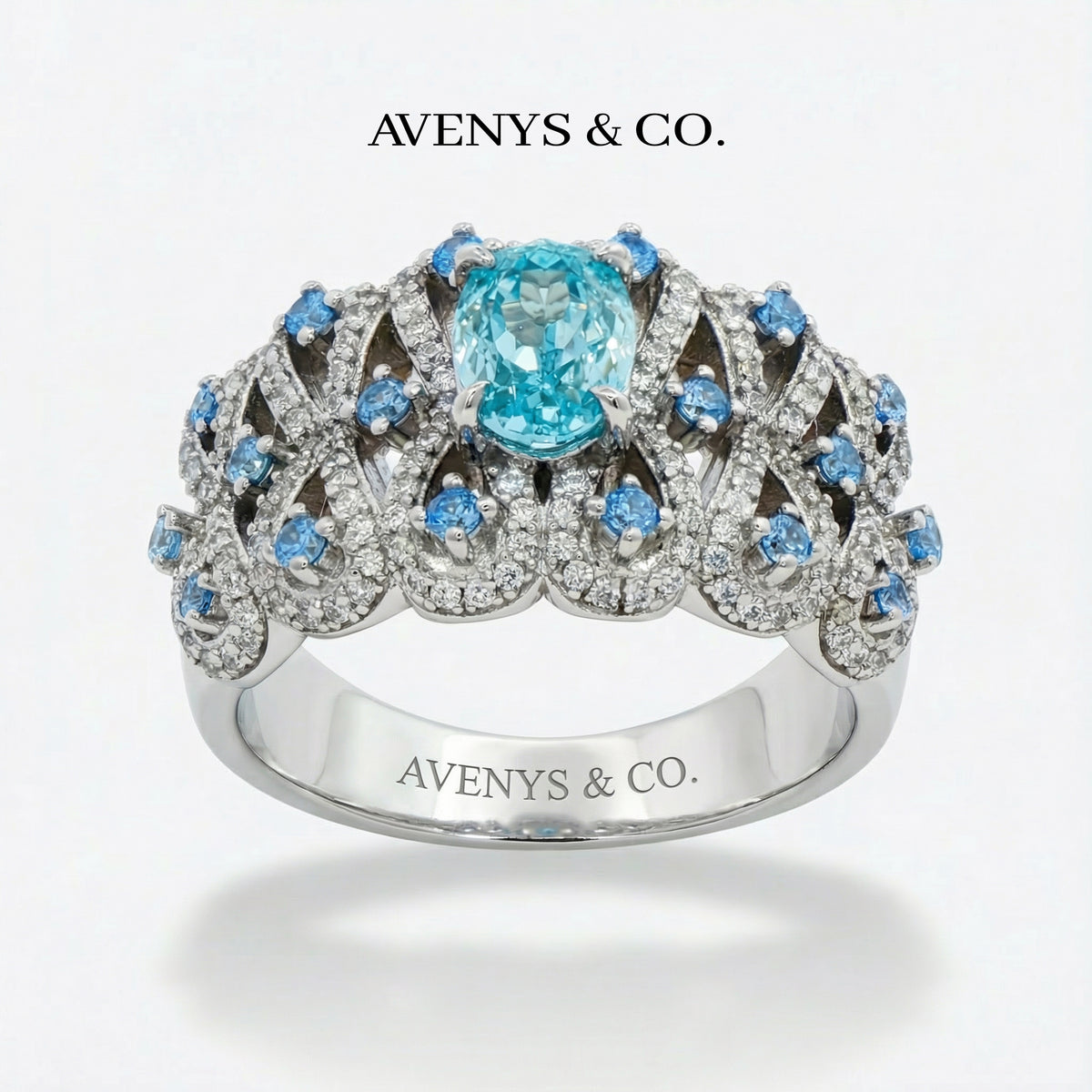 Floral Garden Ring with Aquamarine Oval Stone – on White Gold