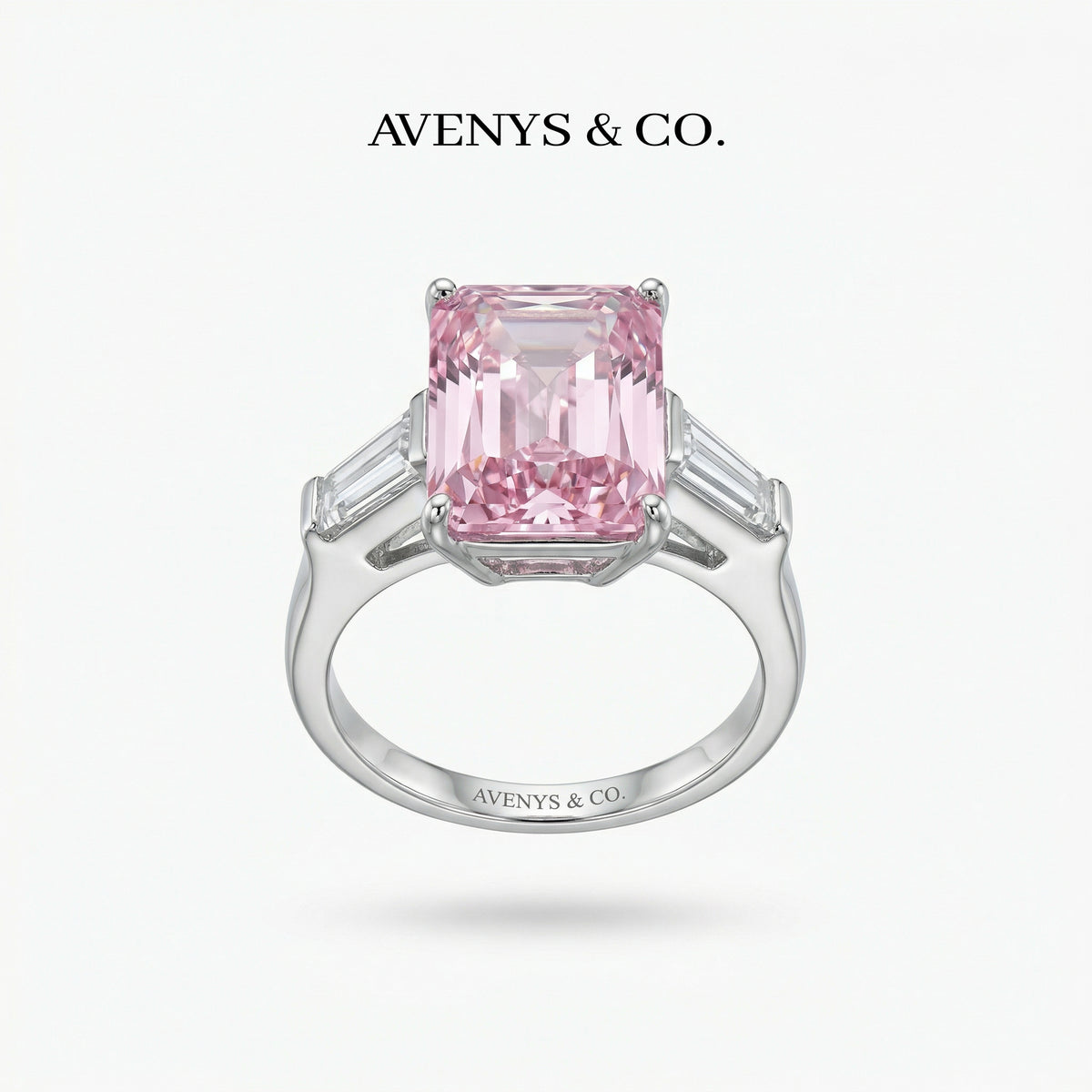 Radiant Trilogy Ring with Pink Radiant Stone – on White Gold
