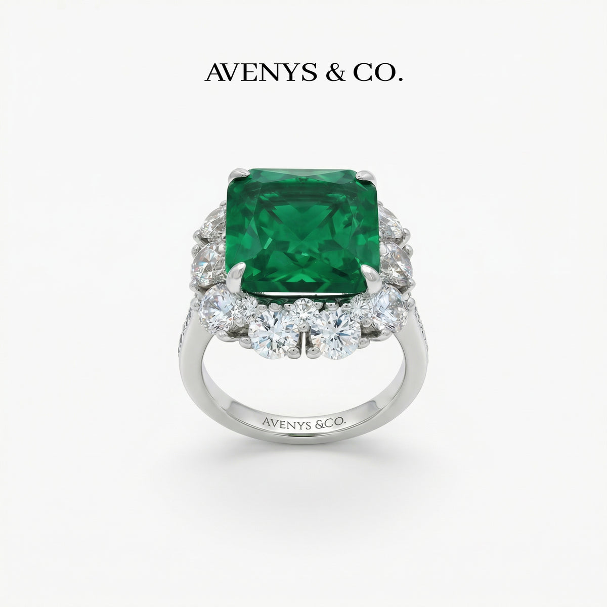 Princess Halo Ring with Green Princess Stone – on White Gold