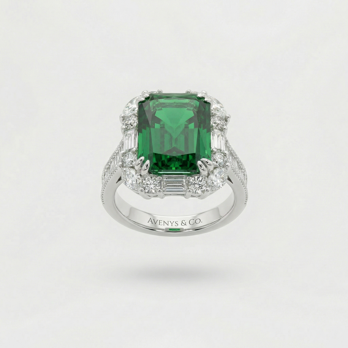 Eden Frame Ring with Green Radiant Stone – on White Gold