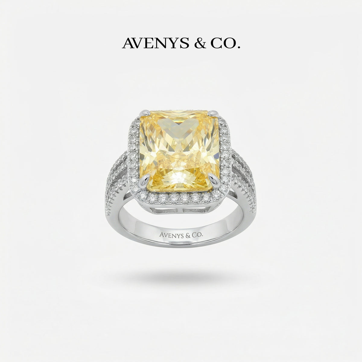 Triple Shank Radiant Ring with Yellow Radiant Stone – on White Gold