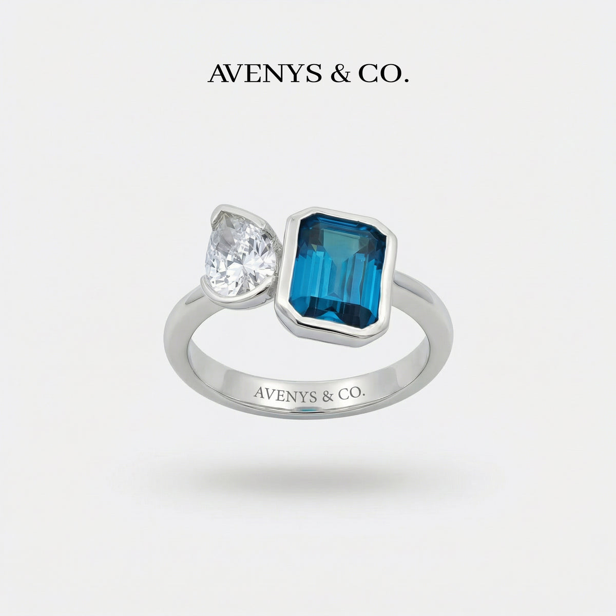 Duality Ring with Blue Emerald Stone – on White Gold