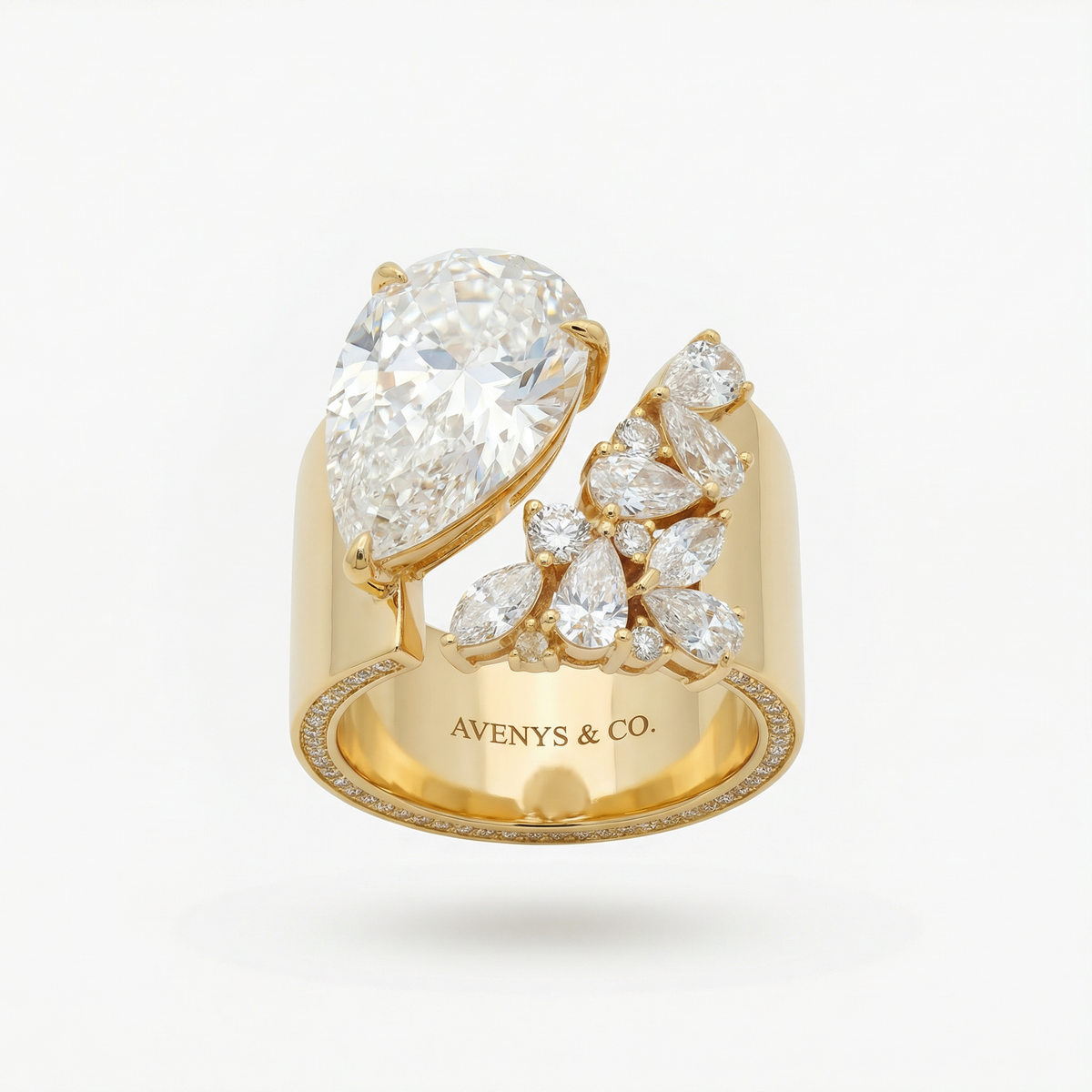 Valence Wide Cuff Ring with White Pear Stone – on Yellow Gold